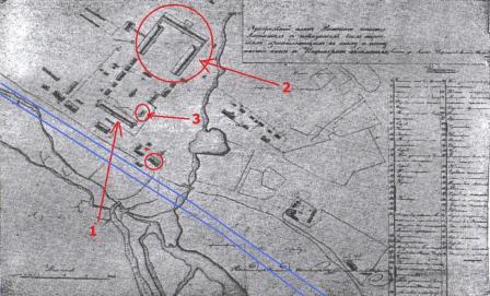План рижского военного госпиталя (1836 г.). Синим выделена современная улица Дунтес, в красных кружках – сохранившиеся здания, под цифрой 1 – больничный корпус арх. Демерцова, 2 – главное здание госпиталя, 3-одно из флигелей   